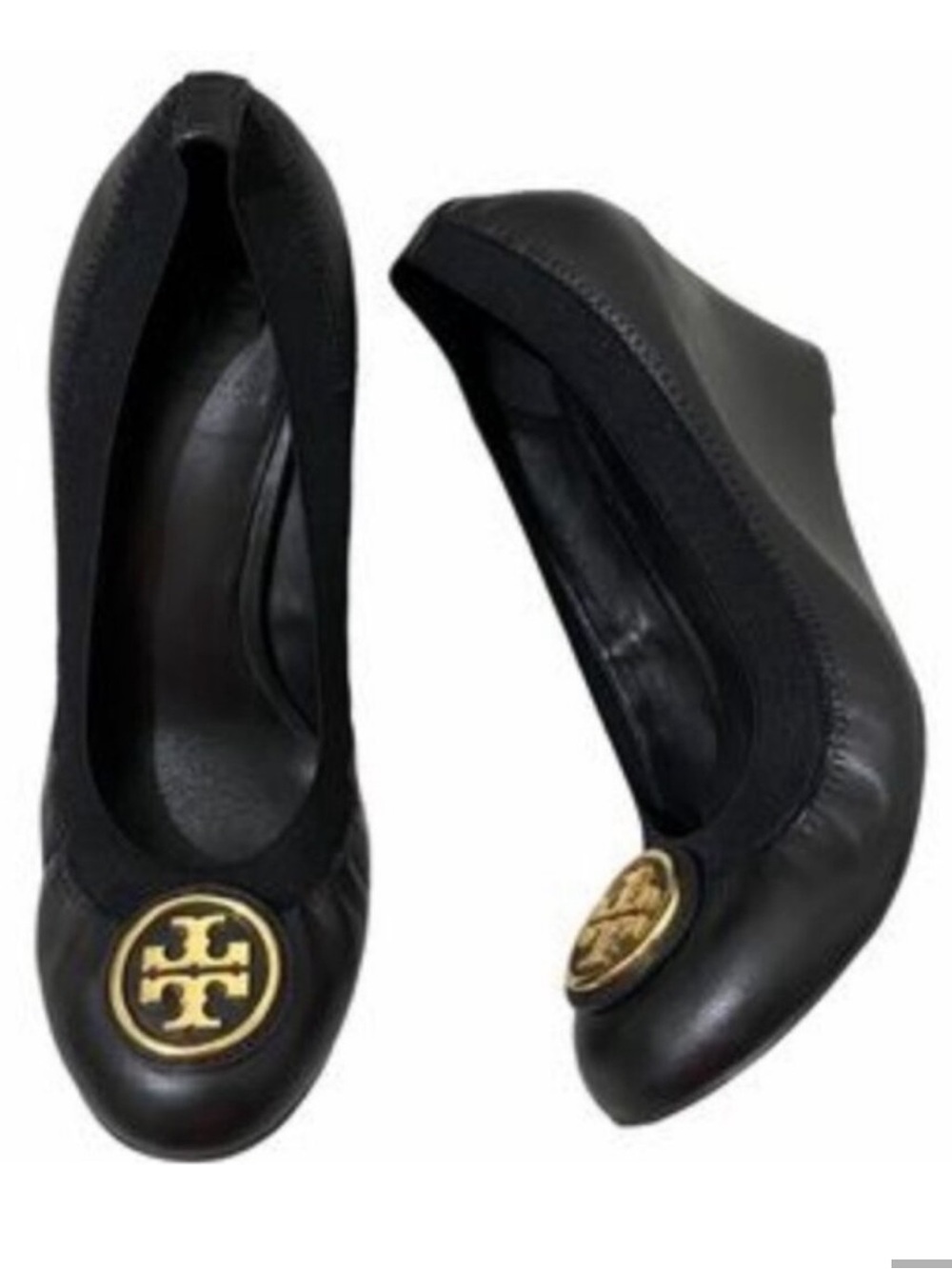 Tory Burch Caroline Two Wedge Ballet on Black Nappa w/ Gold Medallion Size 7